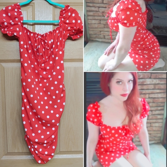 Red and white polka dot pinup style mini dress - Picture 1 of 4